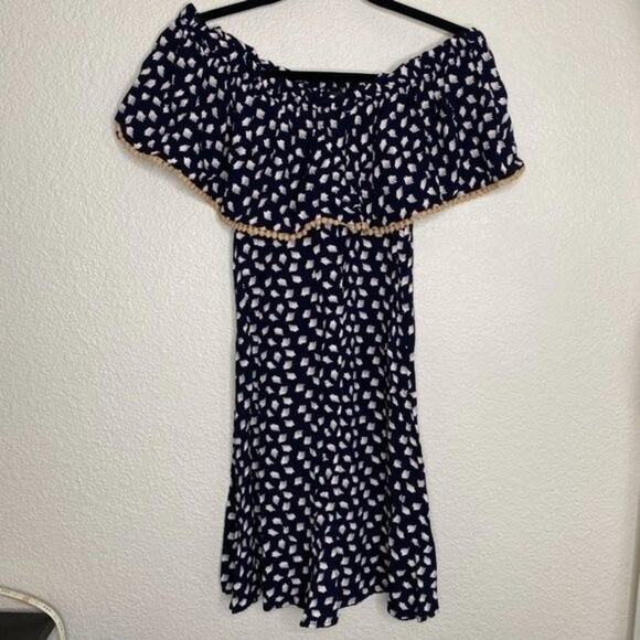 THML Navy Blue Feather Print Off the Shoulder Dress Small - Picture 9 of 9